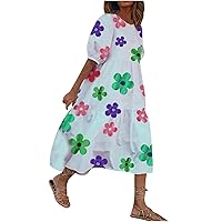 Women Summer Casual Floral Midi Dress Puff Short Sleeve Tiered Swing Ruffle Flowy A-Line Dresses for Vacation