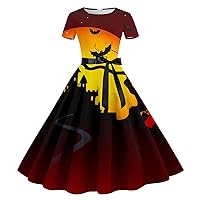 Halloween Dress for Women 50s 60s Vintage Short Sleeve A-Line Flare Dresses Rockabilly Pinup Audrey Hepburn Dresses