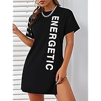 Dresses for Women - Letter Graphic Split Thigh Tee Dress (Color : Black, Size : Small)