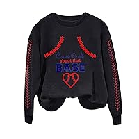 Cause It's All About That Base Sweatshirts Women Funny Baseball Love Heart Print Shirts Casual Long Sleeve Pullover