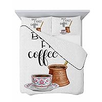 Coffee Bean Coffee Cup Down Alternative Comforter Lightweight With Throw Pillowcase For Twin Full Queen King Size Bed,All Season Bedding Duvet Insert,Vintage Cafe Theme Minimalist White 90
