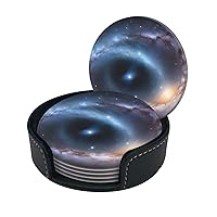Galaxy Print Coaster,Round Leather Coasters with Storage Box for Wine Mugs,Cold Drinks and Cups Tabletop Protection (6 Piece)