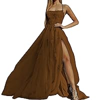 Tulle Prom Dresses Sexy A-line High Split Evening Dresses Spaghetti Straps Femme Prom Party Lace Appliques Dresses