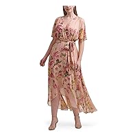 Jessica Howard Womens Pink Zippered Tie Hi-lo Skirt Floral Short Sleeve Surplice Neckline Maxi Wear to Work Faux Wrap Dress Plus 20W