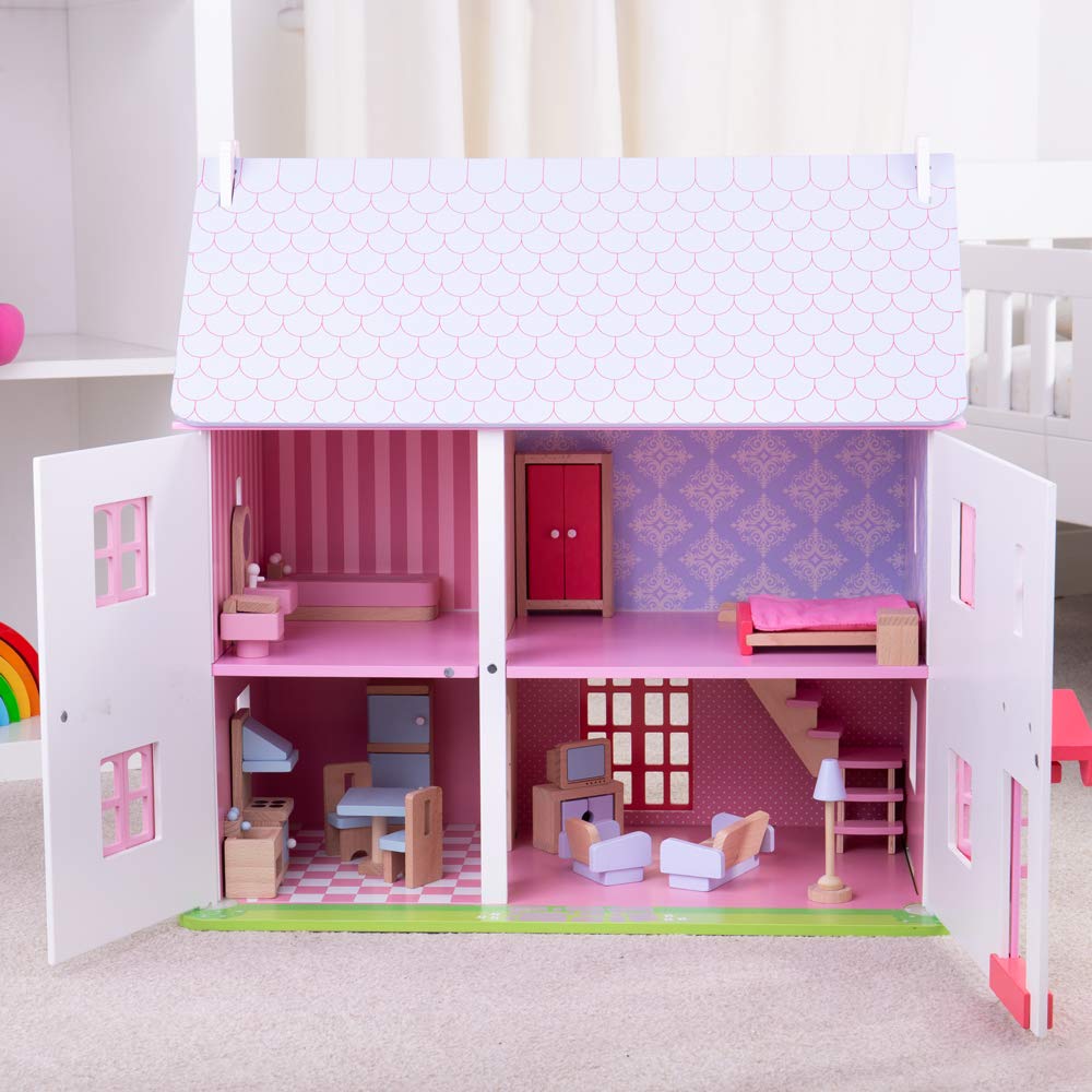 Bigjigs Toys, Heritage Playset Rose Cottage Doll House, Wooden Toys, Wooden Dolls House, Doll House for Toddlers, 18pcs Dolls House Furniture, Girls Toys, 3 Year Old Girl Gifts, Wendy House