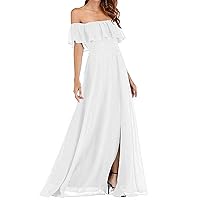 Off The Shoulder Ruffle Bridesmaid Dresses Side Split Formal Party Gown with Slit