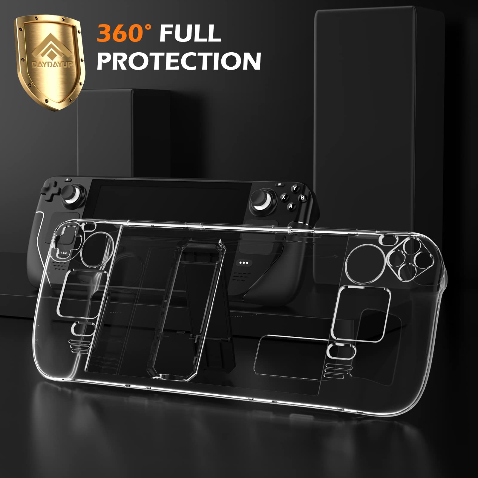Daydayup Kickstand Protective Case for Steam Deck, Cover Protector with Stand Base, Full Protective Cover Case Compatible with Vavle Steam Deck Accessories, Non-Slip and Anti-Scratch Design, Clear