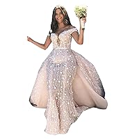 Sequins Lace up Corset Bridal Ball Gowns Detachable Train Off Shoulder Mermaid Wedding Dresses for Bride