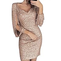 SNKSDGM Women's Sequin Evening Prom Mini Dress Shiny Glitter Sexy Cut Out Long Sleeve Deep V Bodycon Dress Club Party Gowns