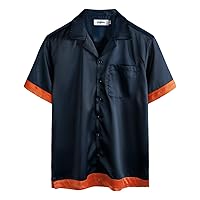 VATPAVE Mens Embroidery Satin Silk Shirt Casual Button Down Short Sleeve Summer Shirts