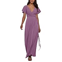 AW BRIDAL V Neck Wrap Bridesmaid Dresses Long for Women Chiffon Formal Wedding Party Dress with Sleeve