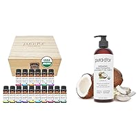 PURA D'OR Organic Sweet16 Essential Oils Set - 16x 10m Wood Box Aromatherapy Gift Set & 16 Oz Organic Fractionated Coconut Oil - MCT Oil- 100% Pure