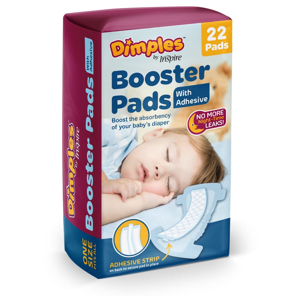 Inspire Dimples Booster Pads, Baby Diaper Doubler with Adhesive - 1 Size Fits All Diapers - Boosts Diaper Absorbency - No More leaks 22 Count (with Adhesive for Secure Fit)