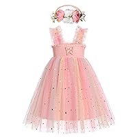 IMEKIS Toddler Girls Butterfly Dress Rainbow Sequin Tulle Dress with Headband Birthday Cake Smash Outfit Photo Shoot
