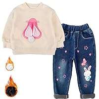 Peacolate Spring Autumn Winter Little Girls 2pcs Clothing Sets Long Sleeve Bunny White Fleece-Lined T-Shirt and Butterfly Embroidery Jeans(White,4Years)