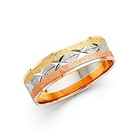 Wedding Band Solid 14k Yellow White Rose Gold Ring Diamond Cut Star Satin Finish Tri Color 6 mm Size 9.5