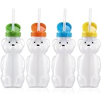 4 Pack Honey Bear Straw Cups for Babies with 8 Flexible Straws & Cleaning Tools(2 Straw Brushes &1 Bottle Brush), 8 OZ Therapy Sippy Bottles for Speech and Feeding Training, Food-Grade & BPA Free