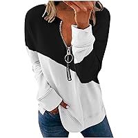 Long Sleeve Shirts for Women, Fashion Color Block Sexy V Neck Zipper Sweatshirt Casual Loose Fit Comfy Sweater Tops