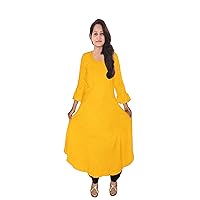 Women's Long Dress Solid Yellow Color Maxi Dress Umbrella Cotton Tunic Frock Suit