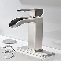 Brushed Nickel Waterfall Bathroom Faucet - Single Handle Sink Faucets Bathroom 1 Hole or 3 Hole for 4In | Modern Solid Brass Vanity Faucet with Deck Plate & Overflow Pop Up Drain