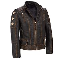 LP-FACON Mens Cafe Racer Biker Vintage Star Distressed Motorcycle Rider Leather Jacket