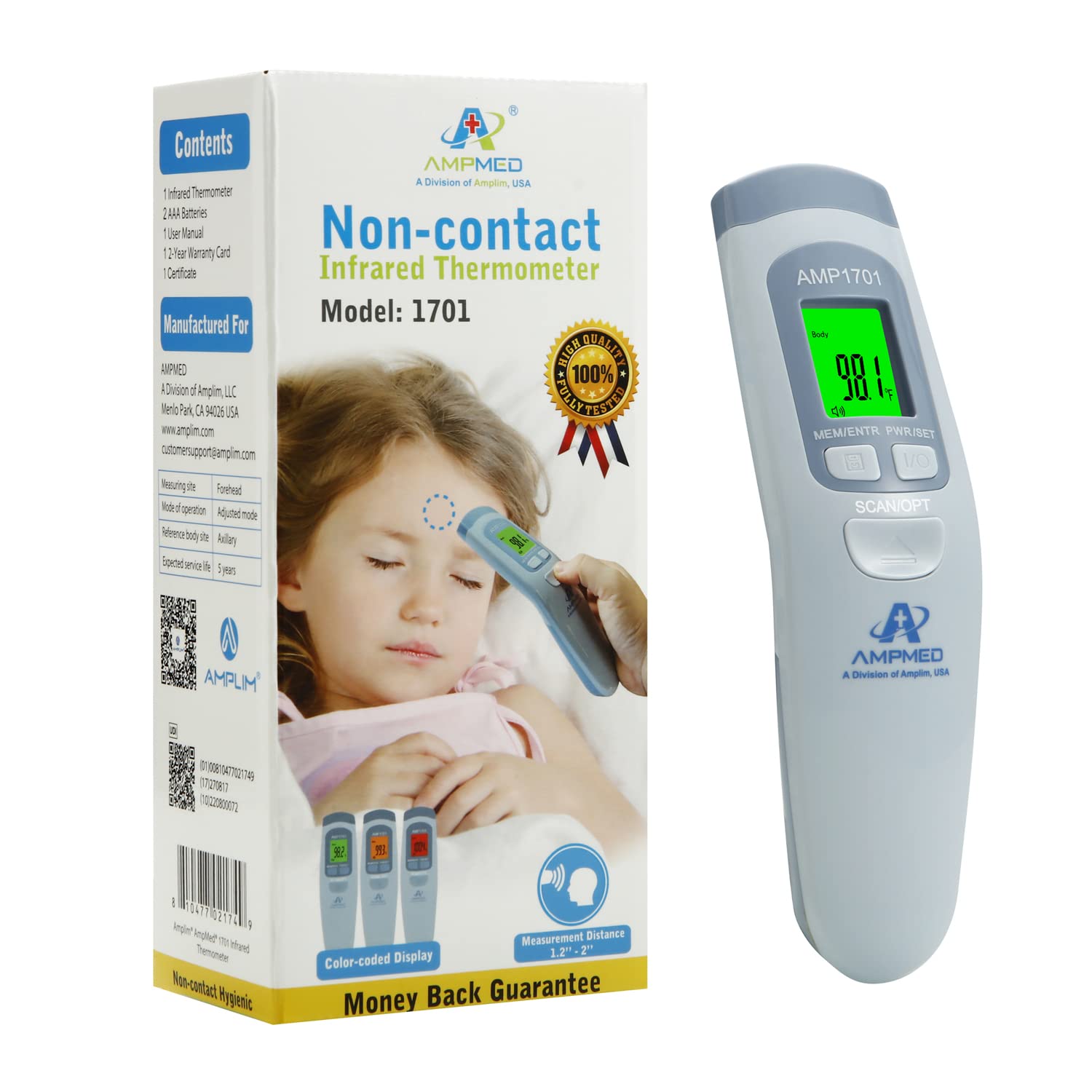 Amplim Non Contact/No Touch Forehead Thermometer for Adults, Kids, and Babies, Accurate Hospital Medical Grade Touchless Temporal Thermometer FSA HSA Approved, Serenity