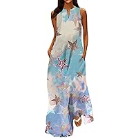 Cocktail Dresses for Women Evening Party,Sexy Dress Casual Flowy Long Dress Plus Size Loose Summer Dress V Neck Elegant Floral Print Maxi Dress With Pocket for Vacation Beach Travel Sky Blue 5XL