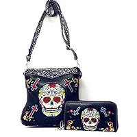 Western Sugar Skull Embroidery Rhinestone Cross Conceal Carry Crossbody Bag Set