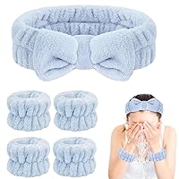 5Pcs Face Wash Headband and Wristband Set for Women,Spa Skin Care Headband for Washing Face, Hair Band and Wrist Towels Water Guards for Washing Face, Makeup, Skincare (Blue)