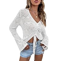 Women Summer Hollow Knitted Crochet Drawstring Ruched Cover Up Crop Top Crew Neck Flare Sleeve Beachwear Loose Tops