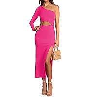 Pink Queen Women's One Shoulder Sleeveless Cutout Side Slit Bodycon Maxi Long Dress