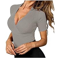 Womens Tunic Tops Solid Color Short Sleeve T-Shirt Sexy Deep V-Neck Knited Pullover Slim Fit Tummy Control Blouses