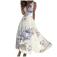 Slim Dress,V Neck Party Long Dress for Women Summer Sleeveless Elastic Waist Casual Maxi Sundres 2024