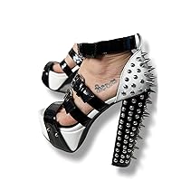 Frankie Hsu Ladies Sexy Chunky Block Platform Ankle High Heeled Sandal, Black Patent White Punk Goth Style, Big Large Size US4-19 Designer Shoes For Women Men