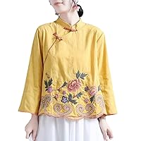 Chinese Style Slant Flap Pan Button Shirt Spring Cotton Hemp Peony Embroidery Mock Neck Top