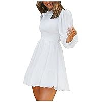 Women's Summer Going Out Dress Casual Lantern Long Sleeve Crew Neck Ruffle Solid Color Ruched Mini Skater Dresses