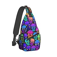 Colorful Skull Sling Bag Hiking Crossbody Backpack Travel Chest Bags Casual Daypack for Women Men with Strap Lightweight Outdoor Sport Runners Climbing