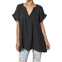 Women's Casual Loose Short Sleeve V Neck Cotton Gauze Babydoll Shirt Blouse Top