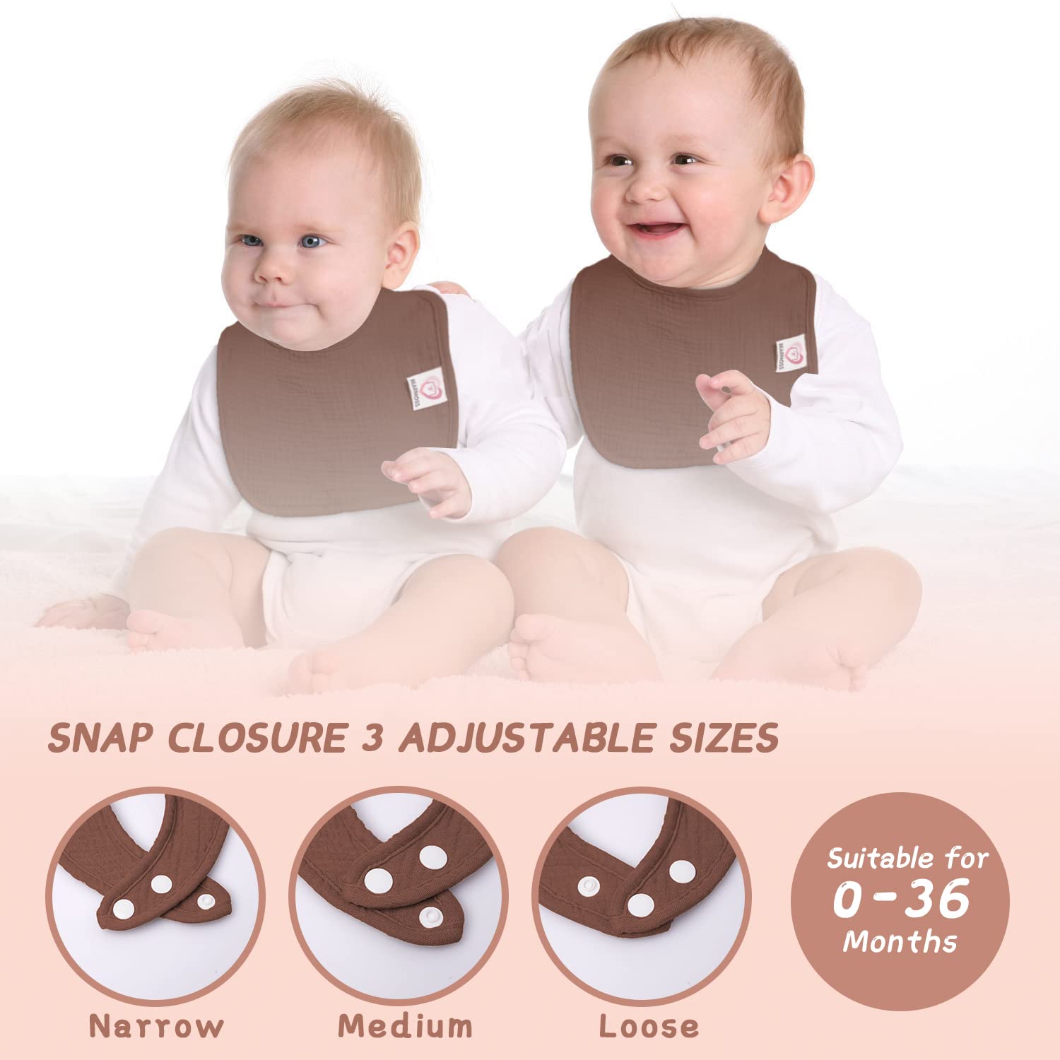 Bearmoss Muslin Baby Drooling Bibs 8 Pack, 100% Cotton Square Adjustable Bandana Bibs Gift for Baby Girls Boys Teething Drool (Coconut Mocha)