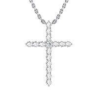 14k White Gold timeless cross pendant set with 15 white/colorless sapphires (1/4ct, AA Quality) encompassing 1 round white diamond, (.025ct, H-I Color, I1 Clarity), dangling on a 18