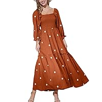 Women Long Sleeve Embroidered Floral Maxi Dress Casual Square Neck Swing A Line Long Dress Beach Party Sundress
