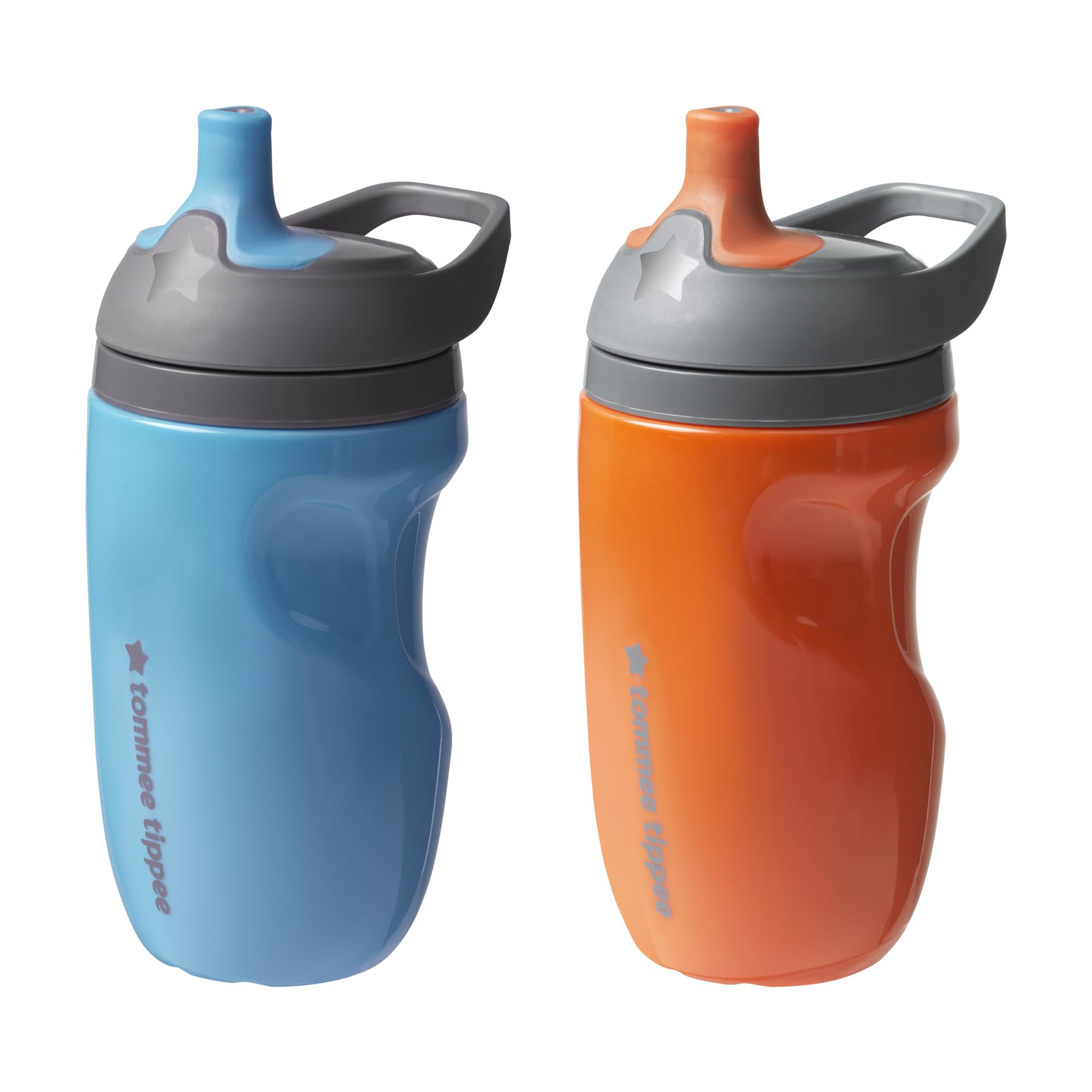 Tommee Tippee Insulated Sportee Bottle, Sippy Cup for Toddlers, 12 months+, 9oz, Spill-Proof, Easy to Hold Handle, Bite Resistant Spout, Pack of 2, Blue and Orange
