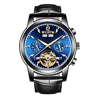 Men's Black Gold Fully Automatic Mechanical Skeletonized Tourbillon Waterproof Stainless Steel Wrist Multifunction Watch Year-Month-Day Stopwatch