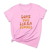 Womens Long Sleeve Shirts with Cats On Them Women's Valentine's Day Love You Likea Sunset Printed Crewneck Sho