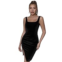 Unique Elegant Women Evening Gown Dress Black Satin Backless Square Neck Split Bodycon Party Dress