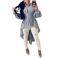 Ophestin Women Stripe Print Long Sleeve Bodycon High Low Asymmetrical Button Down Shirt Blouse Top