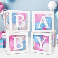 RUBFAC Baby Boxes with 41 Letters and 36 Balloons, 4pcs Clear Balloon Boxes for Baby Shower Gender Reveal Girl Boy Blocks Birthday Party Decorations