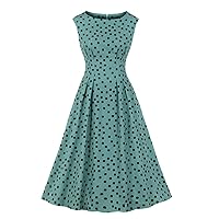 Wellwits Women's Pleated Details High Waist Polka Dots Tea Length Vintage Dress