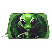 BREAUX Green Alien Print Leather Clutch Zipper Cosmetic Bag, Travel Cosmetic Organizer, Leather Storage Cosmetic Bag