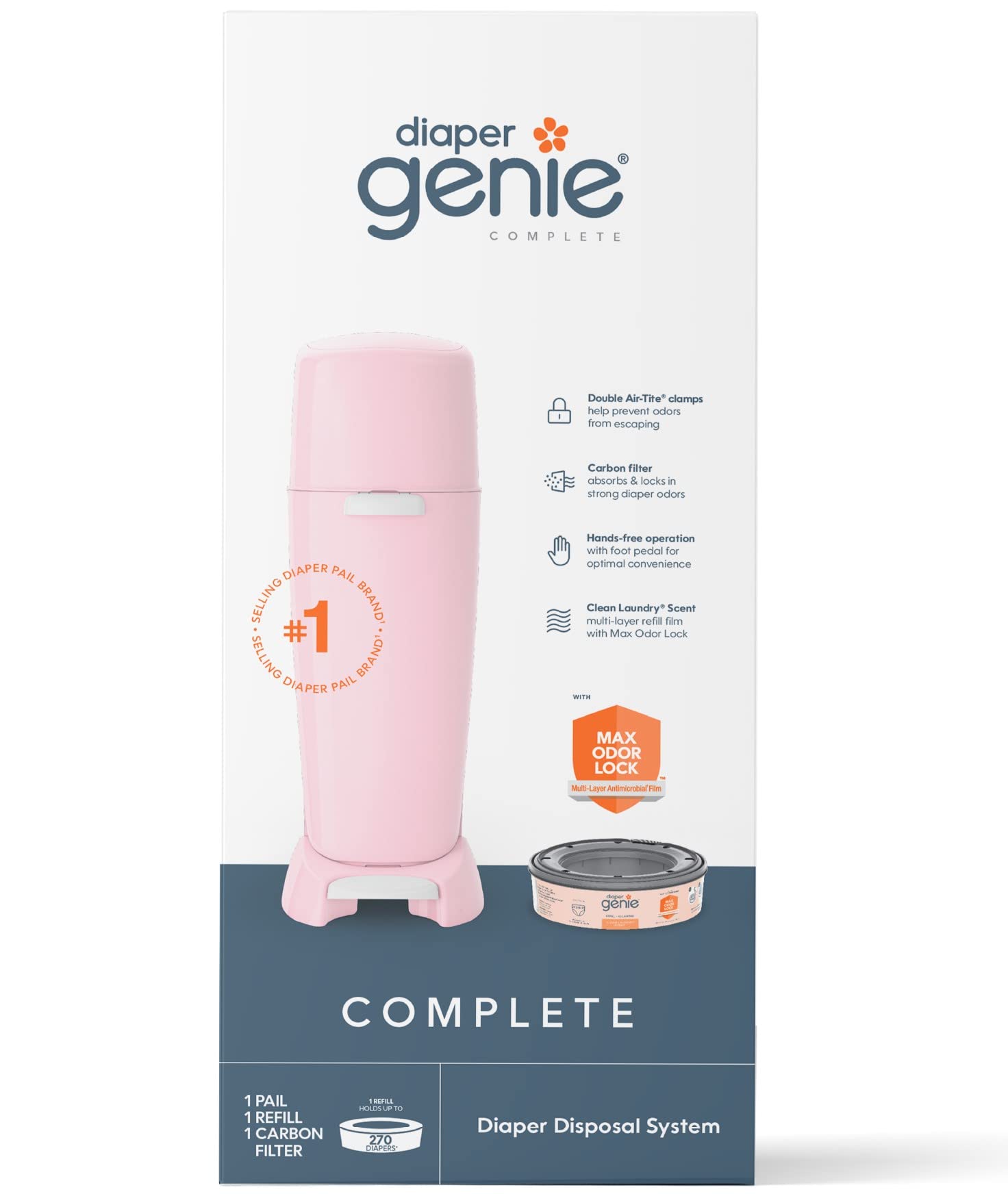 Diaper Genie Complete Diaper Pail (Pink) with Antimicrobial Odor Control | Includes 1 Diaper Trash Can, 1 Refill Bags, 1 Carbon Filter
